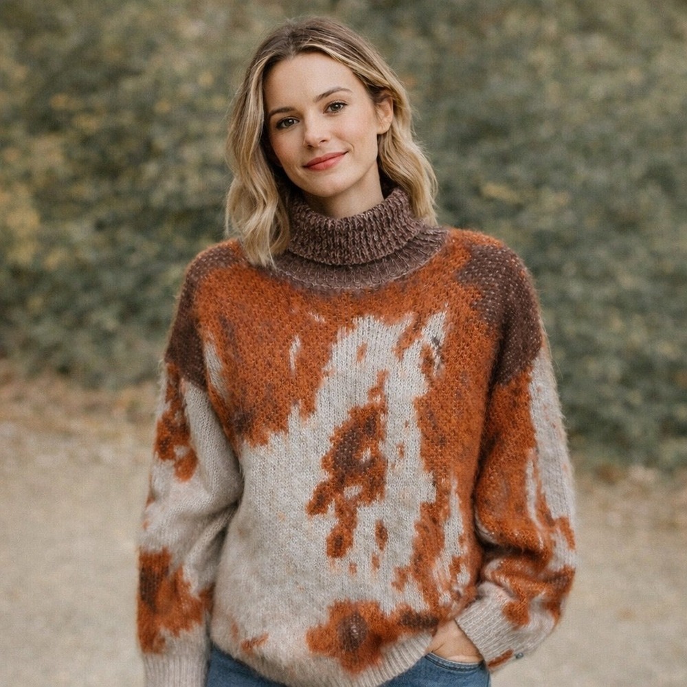 ROMWE Abstract Chunky Earthy Print Knit‎ Turtleneck Sweater Boho Cottagecore M